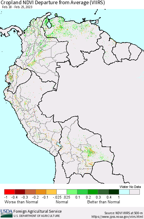 Northern South America Cropland NDVI Departure from Average (VIIRS) Thematic Map For 2/21/2023 - 2/28/2023