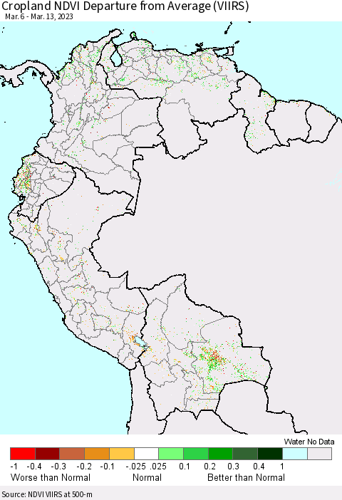 Northern South America Cropland NDVI Departure from Average (VIIRS) Thematic Map For 3/6/2023 - 3/13/2023