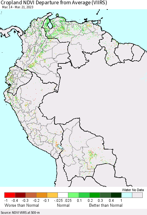 Northern South America Cropland NDVI Departure from Average (VIIRS) Thematic Map For 3/14/2023 - 3/21/2023