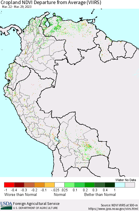 Northern South America Cropland NDVI Departure from Average (VIIRS) Thematic Map For 3/21/2023 - 3/31/2023