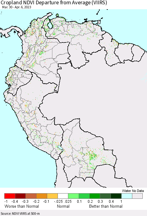 Northern South America Cropland NDVI Departure from Average (VIIRS) Thematic Map For 3/30/2023 - 4/6/2023