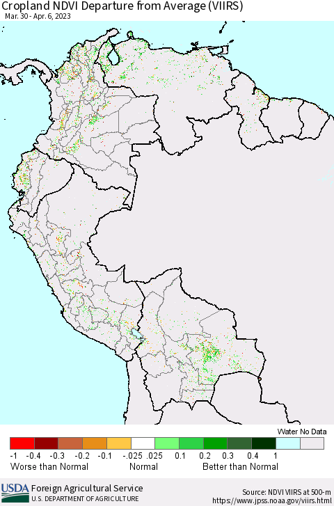 Northern South America Cropland NDVI Departure from Average (VIIRS) Thematic Map For 4/1/2023 - 4/10/2023