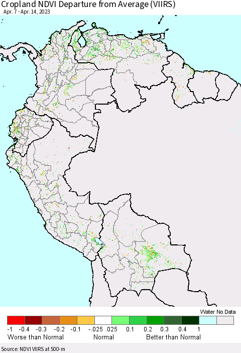 Northern South America Cropland NDVI Departure from Average (VIIRS) Thematic Map For 4/7/2023 - 4/14/2023