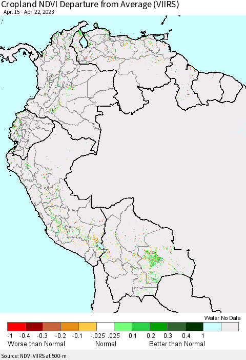 Northern South America Cropland NDVI Departure from Average (VIIRS) Thematic Map For 4/15/2023 - 4/22/2023