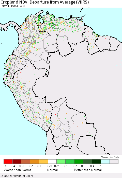 Northern South America Cropland NDVI Departure from Average (VIIRS) Thematic Map For 5/1/2023 - 5/8/2023