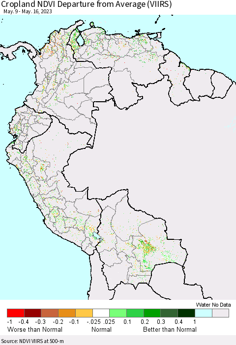 Northern South America Cropland NDVI Departure from Average (VIIRS) Thematic Map For 5/9/2023 - 5/16/2023