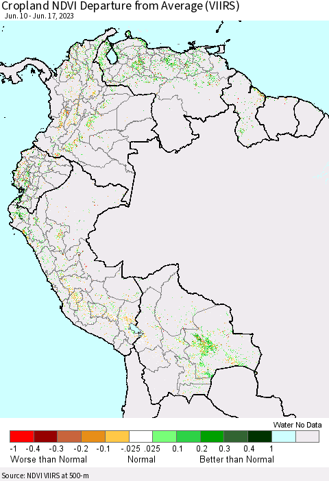 Northern South America Cropland NDVI Departure from Average (VIIRS) Thematic Map For 6/10/2023 - 6/17/2023
