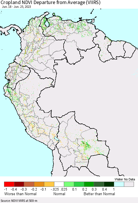 Northern South America Cropland NDVI Departure from Average (VIIRS) Thematic Map For 6/18/2023 - 6/25/2023
