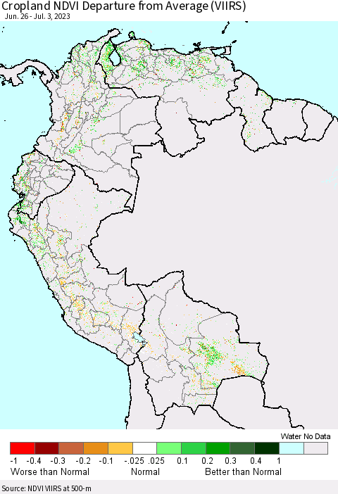 Northern South America Cropland NDVI Departure from Average (VIIRS) Thematic Map For 6/26/2023 - 7/3/2023