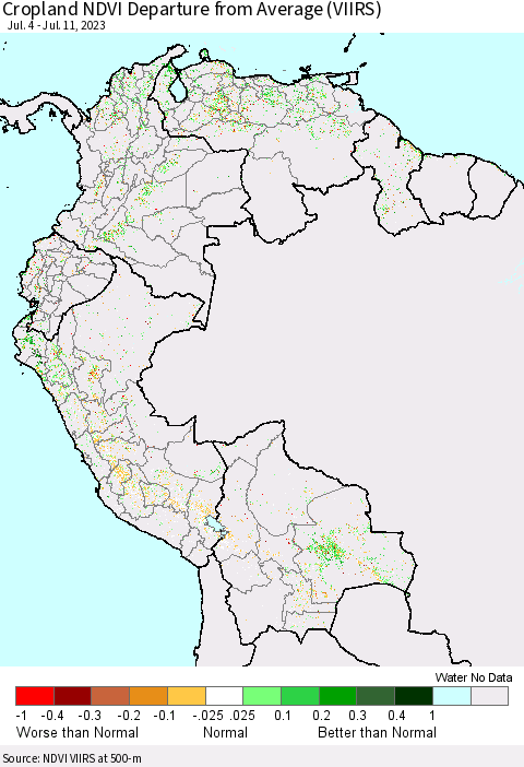 Northern South America Cropland NDVI Departure from Average (VIIRS) Thematic Map For 7/4/2023 - 7/11/2023