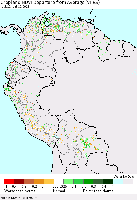 Northern South America Cropland NDVI Departure from Average (VIIRS) Thematic Map For 7/12/2023 - 7/19/2023