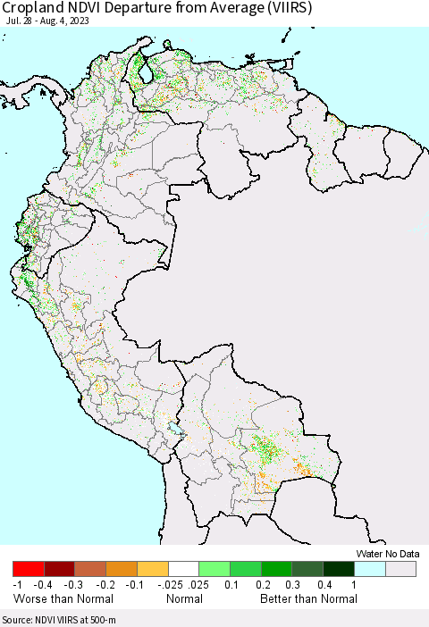 Northern South America Cropland NDVI Departure from Average (VIIRS) Thematic Map For 7/28/2023 - 8/4/2023