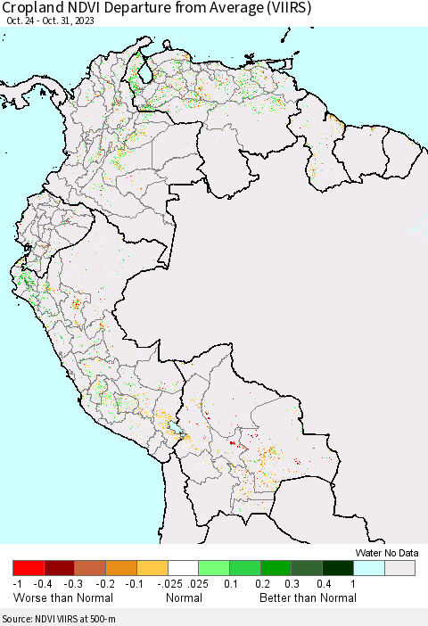 Northern South America Cropland NDVI Departure from Average (VIIRS) Thematic Map For 10/24/2023 - 10/31/2023