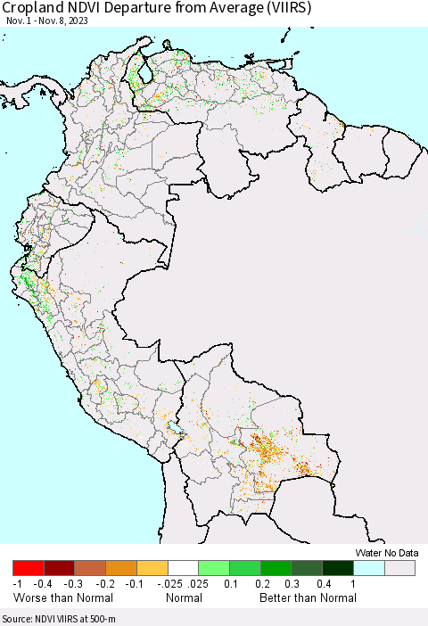 Northern South America Cropland NDVI Departure from Average (VIIRS) Thematic Map For 11/1/2023 - 11/8/2023