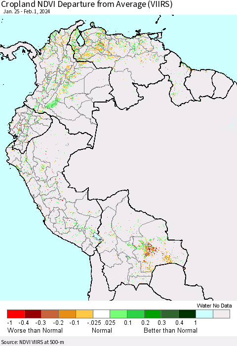 Northern South America Cropland NDVI Departure from Average (VIIRS) Thematic Map For 1/25/2024 - 2/1/2024