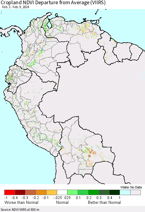 Northern South America Cropland NDVI Departure from Average (VIIRS) Thematic Map For 2/2/2024 - 2/9/2024