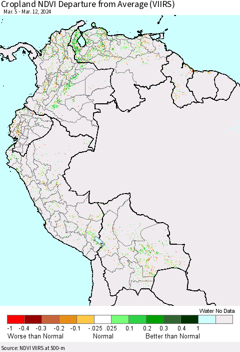 Northern South America Cropland NDVI Departure from Average (VIIRS) Thematic Map For 3/5/2024 - 3/12/2024