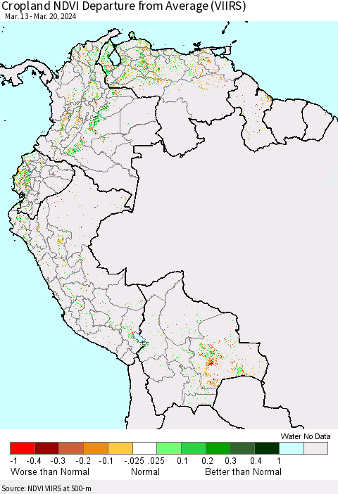 Northern South America Cropland NDVI Departure from Average (VIIRS) Thematic Map For 3/13/2024 - 3/20/2024