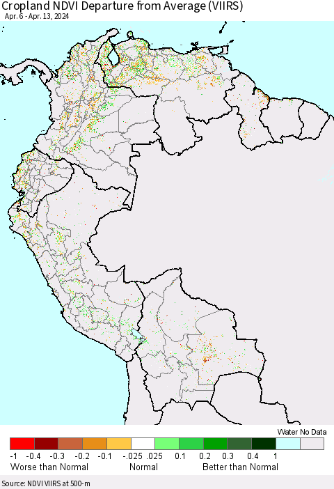Northern South America Cropland NDVI Departure from Average (VIIRS) Thematic Map For 4/6/2024 - 4/13/2024