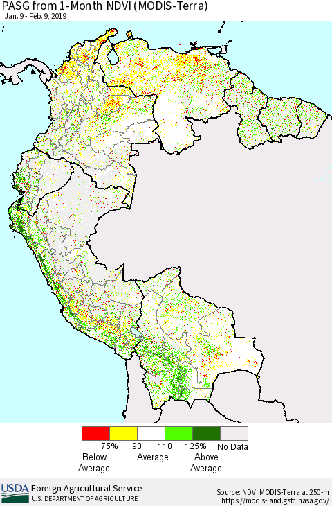 Northern South America PASG from 1-Month NDVI (Terra-MODIS) Thematic Map For 2/1/2019 - 2/10/2019