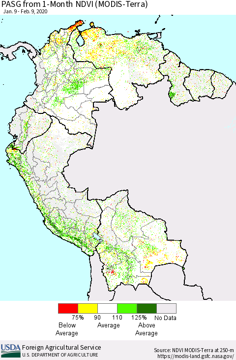 Northern South America PASG from 1-Month NDVI (Terra-MODIS) Thematic Map For 2/1/2020 - 2/10/2020