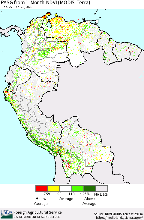 Northern South America PASG from 1-Month NDVI (Terra-MODIS) Thematic Map For 2/21/2020 - 2/29/2020