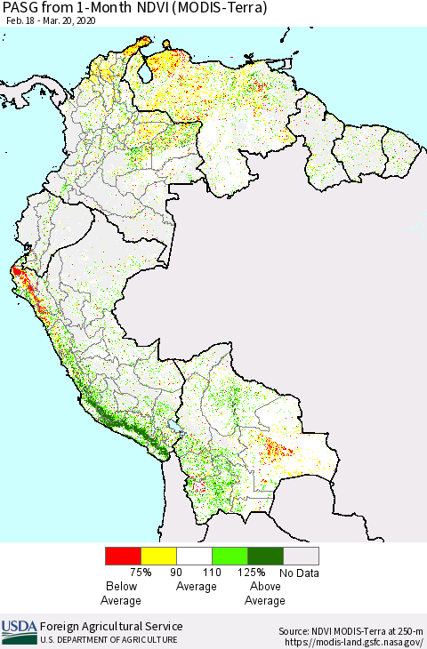 Northern South America PASG from 1-Month NDVI (Terra-MODIS) Thematic Map For 3/11/2020 - 3/20/2020