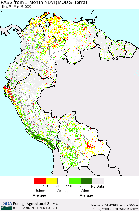 Northern South America PASG from 1-Month NDVI (Terra-MODIS) Thematic Map For 3/21/2020 - 3/31/2020