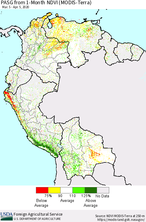 Northern South America PASG from 1-Month NDVI (Terra-MODIS) Thematic Map For 4/1/2020 - 4/10/2020
