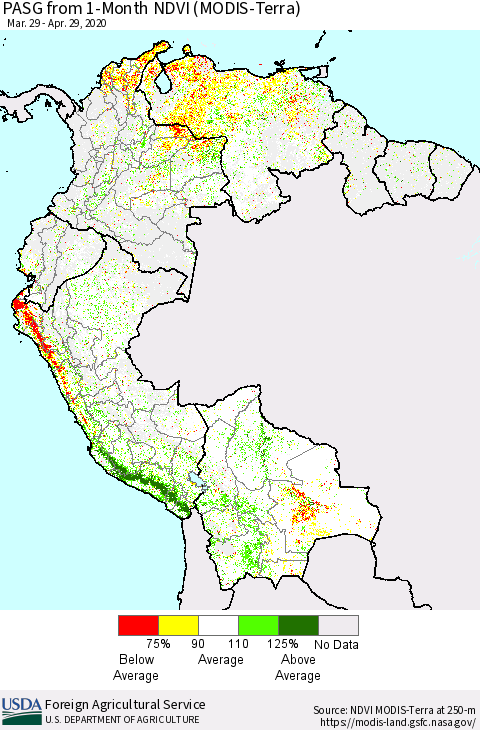 Northern South America PASG from 1-Month NDVI (Terra-MODIS) Thematic Map For 4/21/2020 - 4/30/2020