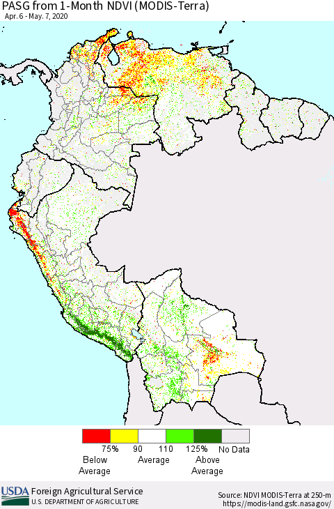 Northern South America PASG from 1-Month NDVI (Terra-MODIS) Thematic Map For 5/1/2020 - 5/10/2020