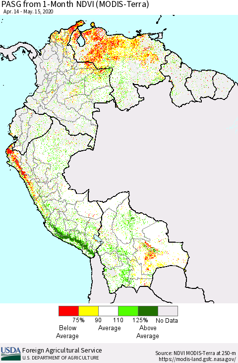 Northern South America PASG from 1-Month NDVI (Terra-MODIS) Thematic Map For 5/11/2020 - 5/20/2020