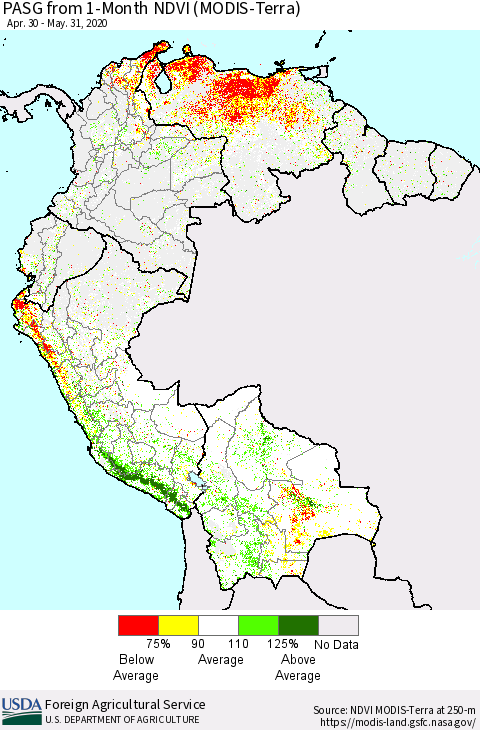 Northern South America PASG from 1-Month NDVI (Terra-MODIS) Thematic Map For 5/21/2020 - 5/31/2020