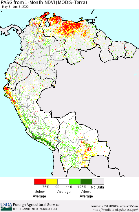 Northern South America PASG from 1-Month NDVI (Terra-MODIS) Thematic Map For 6/1/2020 - 6/10/2020