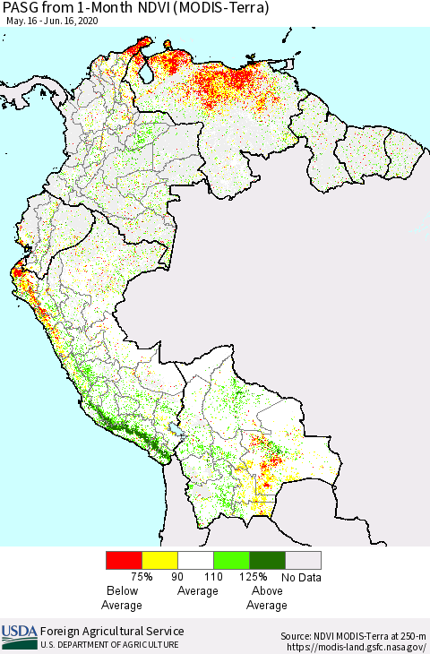 Northern South America PASG from 1-Month NDVI (Terra-MODIS) Thematic Map For 6/11/2020 - 6/20/2020
