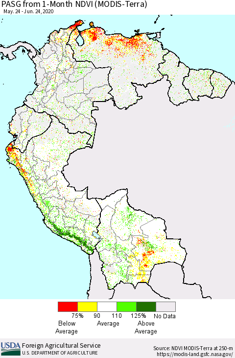Northern South America PASG from 1-Month NDVI (Terra-MODIS) Thematic Map For 6/21/2020 - 6/30/2020