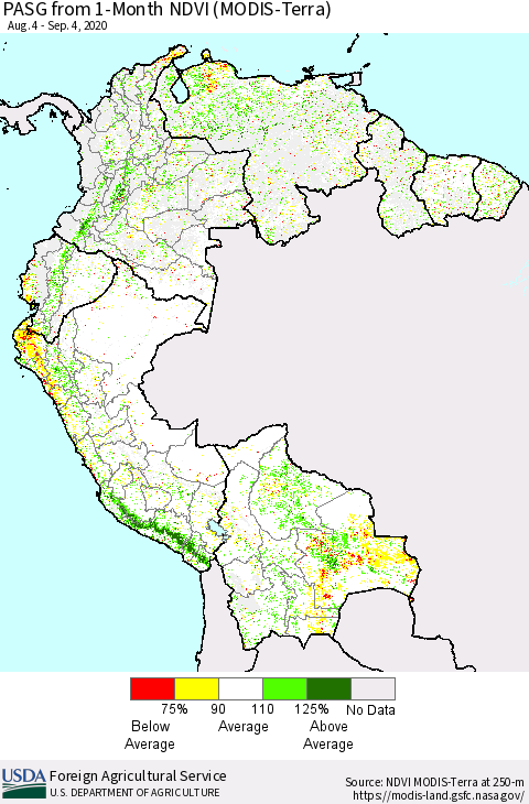 Northern South America PASG from 1-Month NDVI (Terra-MODIS) Thematic Map For 9/1/2020 - 9/10/2020