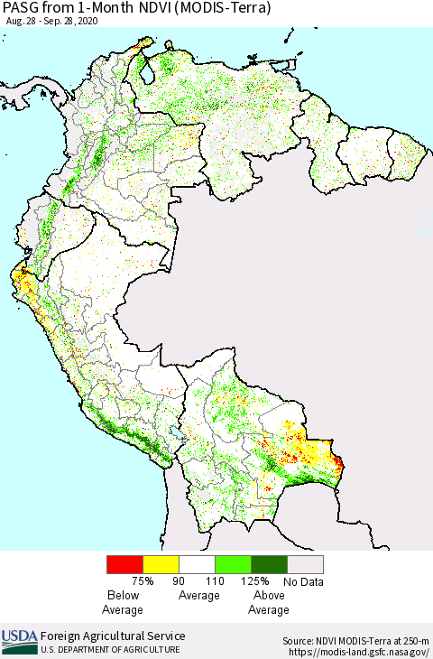 Northern South America PASG from 1-Month NDVI (Terra-MODIS) Thematic Map For 9/21/2020 - 9/30/2020