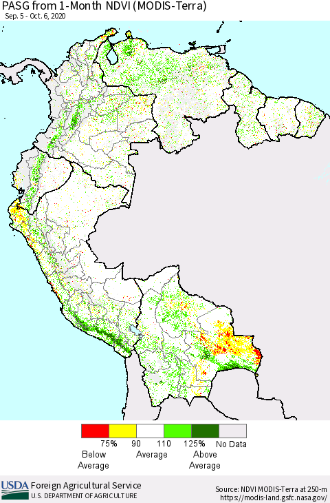 Northern South America PASG from 1-Month NDVI (Terra-MODIS) Thematic Map For 10/1/2020 - 10/10/2020