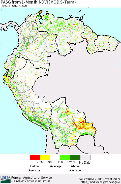 Northern South America PASG from 1-Month NDVI (Terra-MODIS) Thematic Map For 10/11/2020 - 10/20/2020