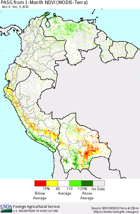 Northern South America PASG from 1-Month NDVI (MODIS-Terra) Thematic Map For 12/1/2020 - 12/10/2020