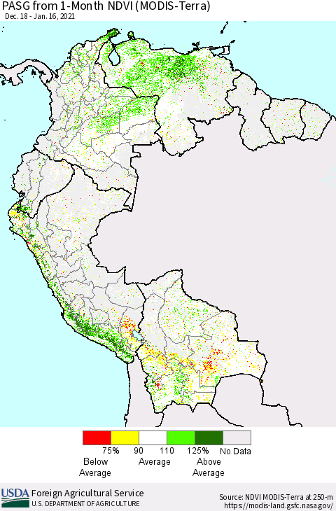 Northern South America PASG from 1-Month NDVI (Terra-MODIS) Thematic Map For 1/11/2021 - 1/20/2021