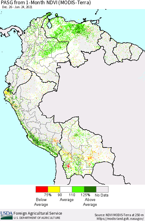 Northern South America PASG from 1-Month NDVI (Terra-MODIS) Thematic Map For 1/21/2021 - 1/31/2021
