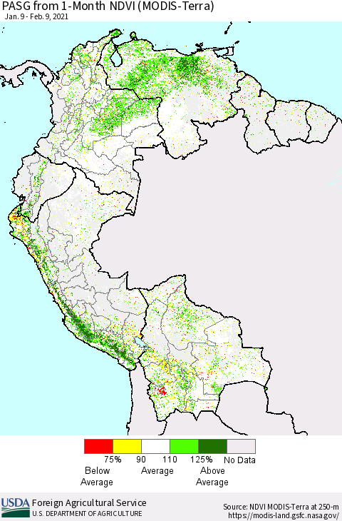 Northern South America PASG from 1-Month NDVI (MODIS-Terra) Thematic Map For 2/1/2021 - 2/10/2021