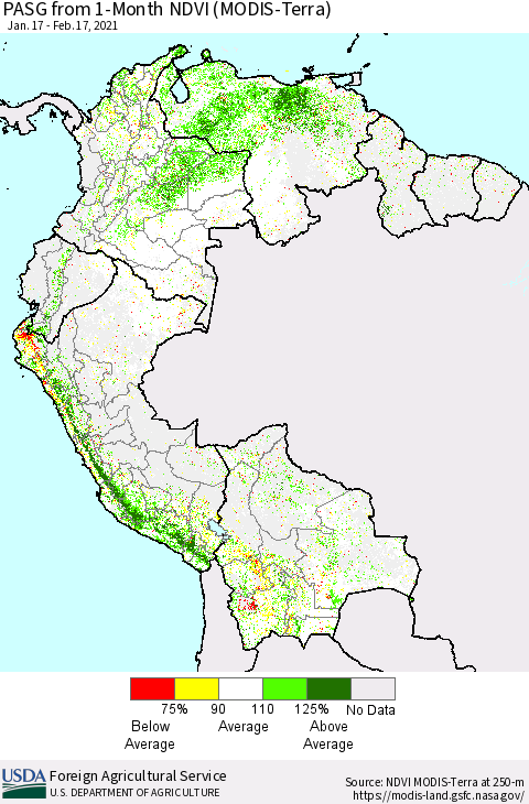 Northern South America PASG from 1-Month NDVI (Terra-MODIS) Thematic Map For 2/11/2021 - 2/20/2021