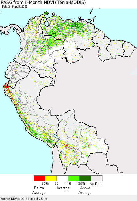 Northern South America PASG from 1-Month NDVI (Terra-MODIS) Thematic Map For 2/26/2021 - 3/5/2021