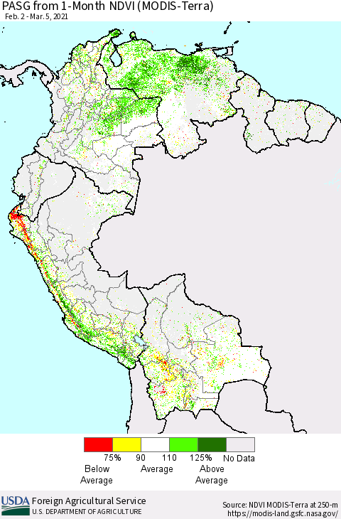 Northern South America PASG from 1-Month NDVI (Terra-MODIS) Thematic Map For 3/1/2021 - 3/10/2021