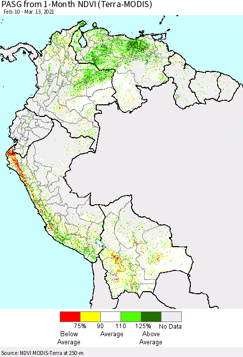 Northern South America PASG from 1-Month NDVI (Terra-MODIS) Thematic Map For 3/6/2021 - 3/13/2021