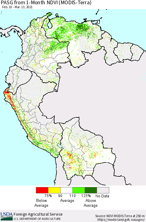 Northern South America PASG from 1-Month NDVI (MODIS-Terra) Thematic Map For 3/11/2021 - 3/20/2021