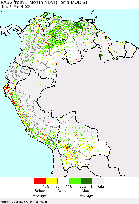 Northern South America PASG from 1-Month NDVI (Terra-MODIS) Thematic Map For 3/14/2021 - 3/21/2021